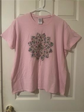 Pink Floral Mandala Appliqué T-Shirt XL Cottagecore Boho Graphic Tee